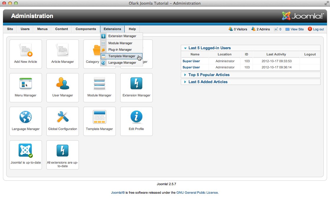 Template Manager menu item 