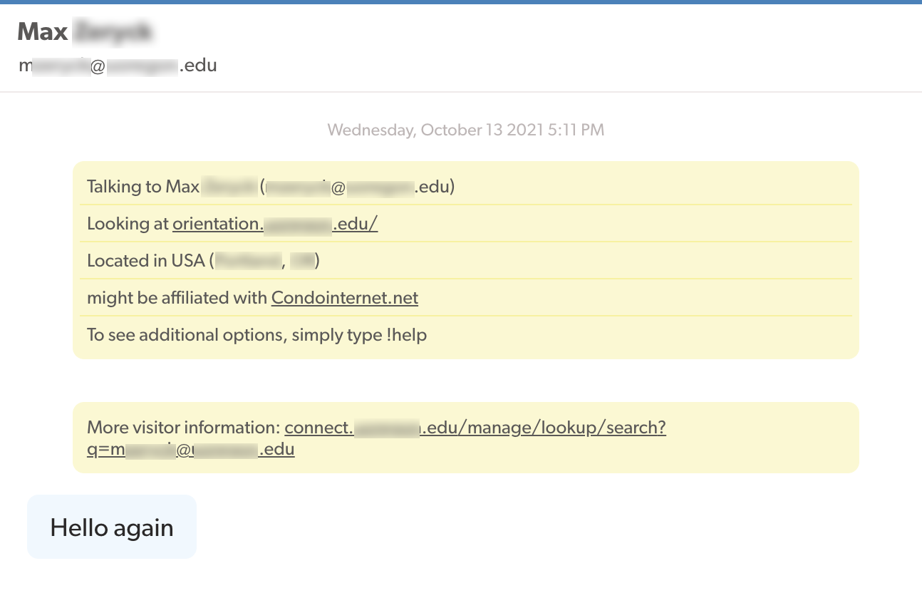 A sample Olark student chat