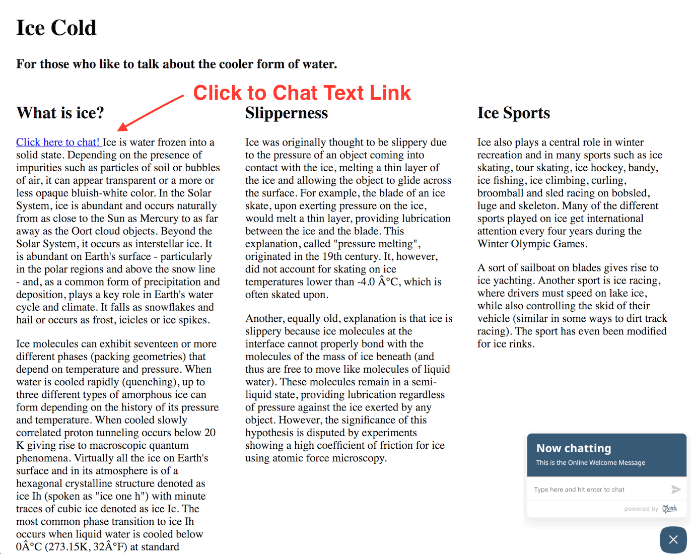 Image of a webpage with an embedded "click here to chat" link