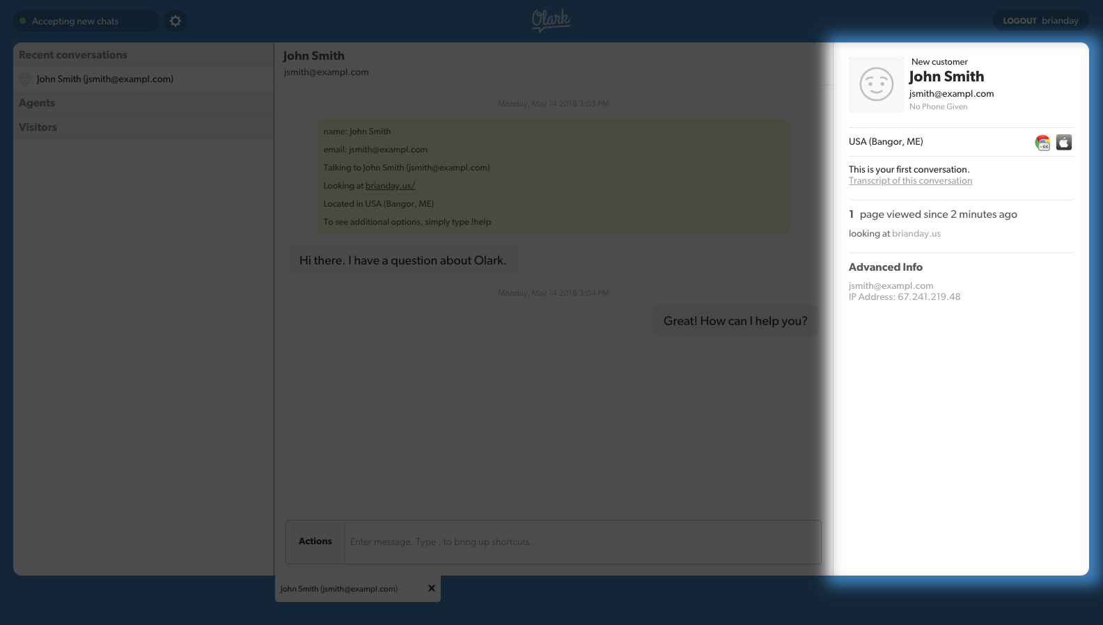 Olark chat console - Right