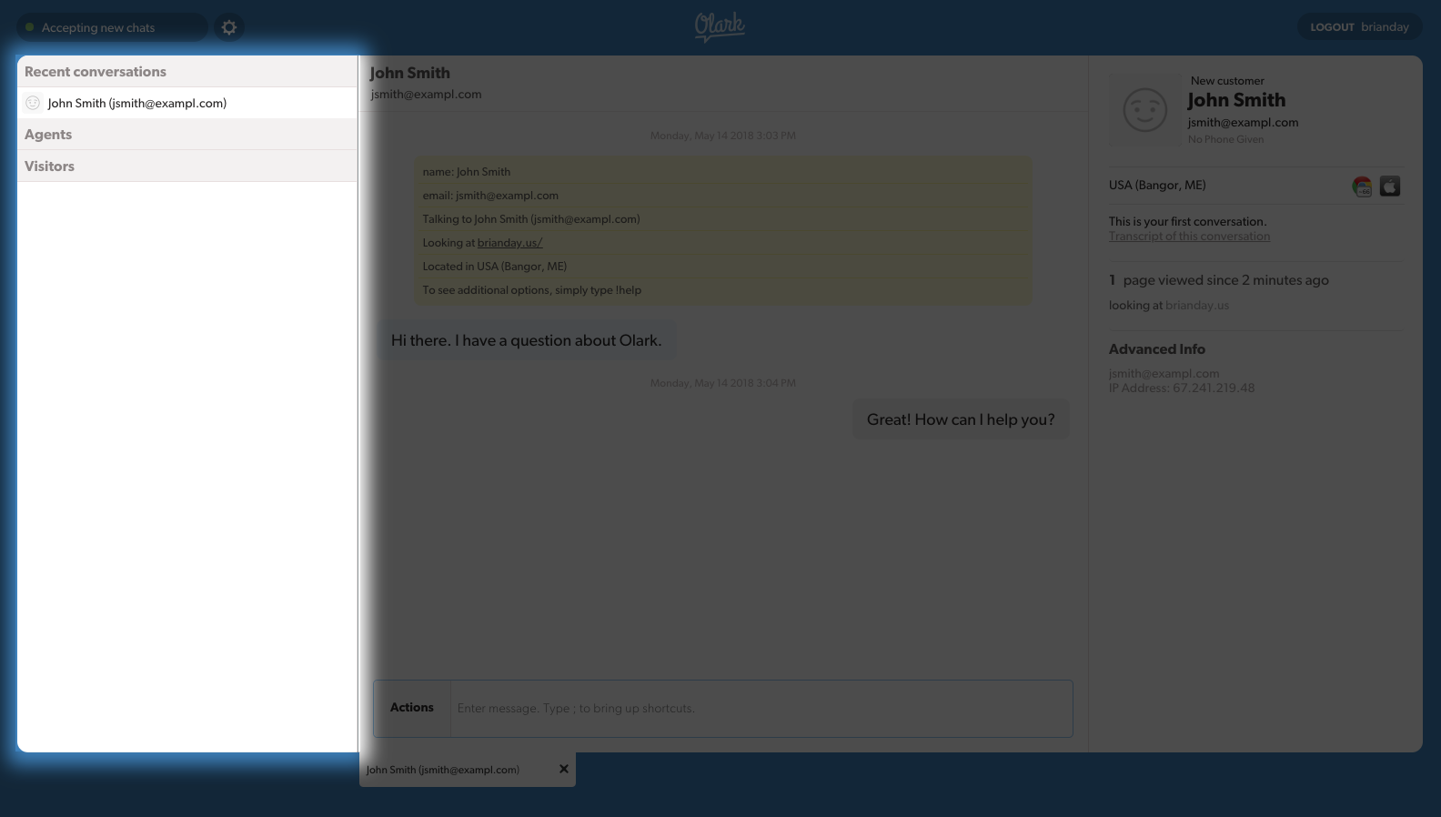 Olark chat console - Left