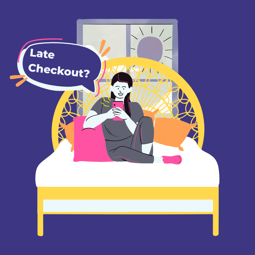 A hotel guest laying in bed, texting the front desk for late checkout