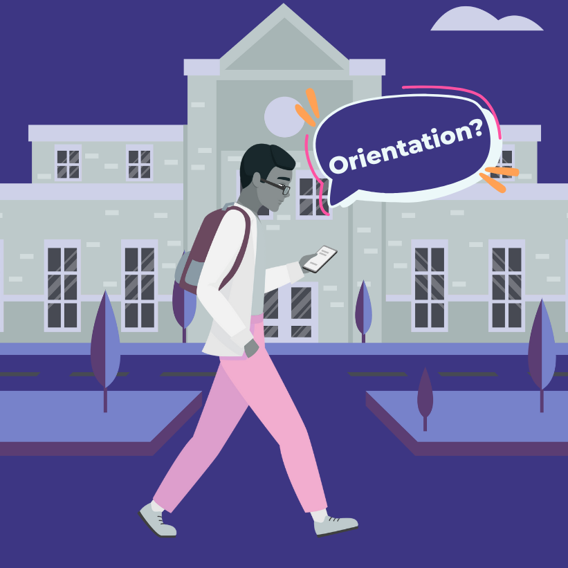 A student walking on campus texting about orientation