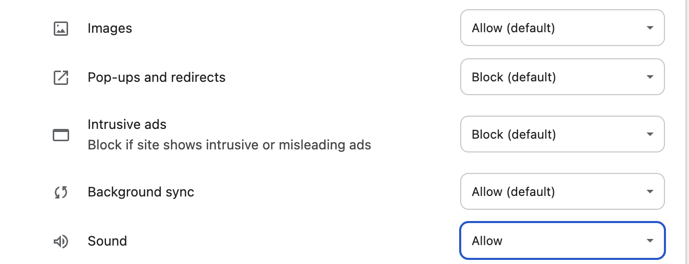 Screenshot showing the Sound option set to "Allow"