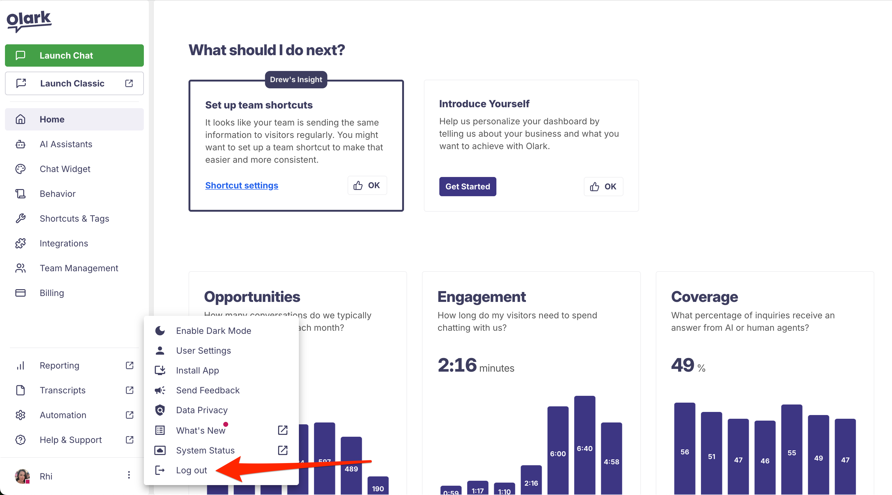 Screenshot of the user menu. The "log out" menu item is highlighted with a red arrow.