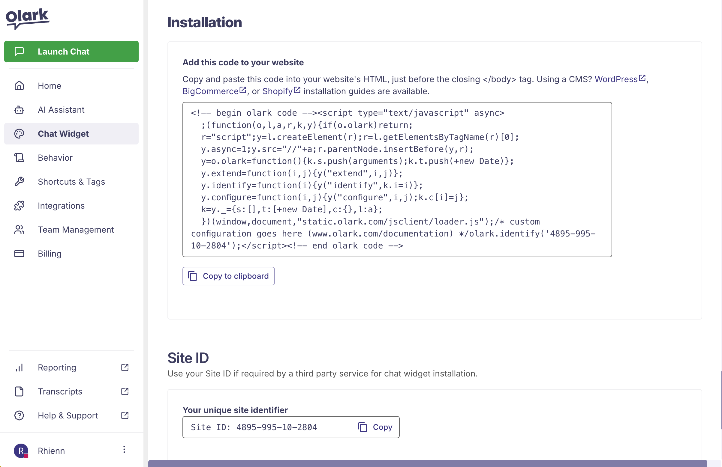 The Installation section of the Chat Widget Settings page. An example Olark install code and site ID are shown.